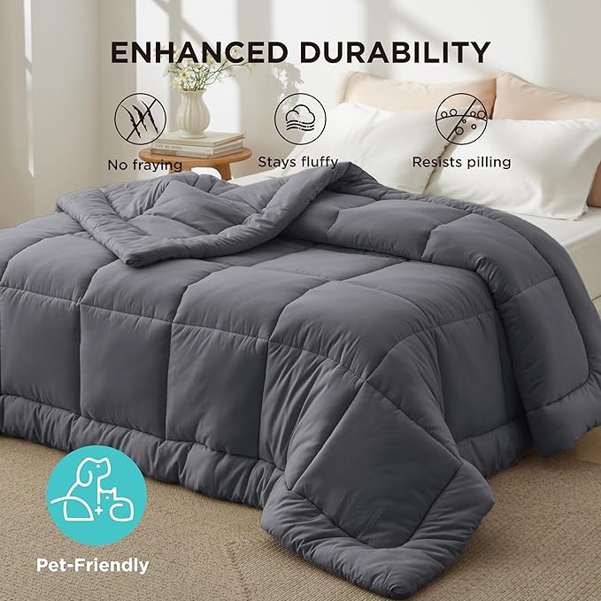 Bedsure Comforter Duvet Insert - Quilted Comforters Full Size, All Season Duvet, GentleSoft Down Alternative Bedding, with 8 Tabs, Gifts for Women/Men, Grey, Full 86 x 82 Inches