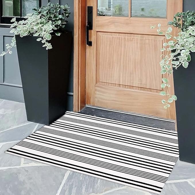 OJIA Fall Front Door Mats Outdoor 24"x35", Cotton Woven Halloween Doormat Front Door Rug Washable Indoor Door Mat Black and White Outdoor Rugs Striped Rug for Porch Decor/Farmhouse/Entryway