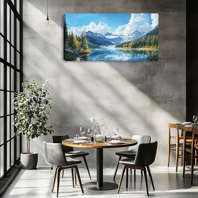 Large Mountain Canvas Wall Art for Living Room Blue Nature Landscape Picture Wall Decor for Bedroom Home Office Decoration Painting Poster Framed Artwork 48L x 24W