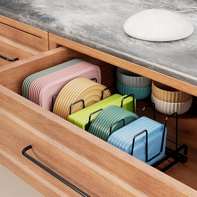 Food Container Lid Organizer, Adjustable 6 Dividers Full-Metal Pot and Pan Organizer Rack for Kitchen Cabinets, Drawers, Cupboards, Pantry Shelves Storage, Black