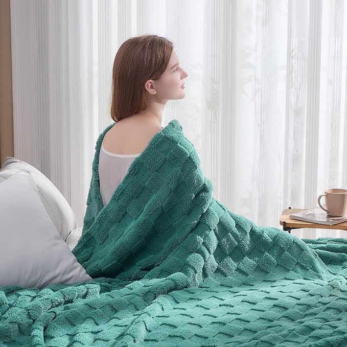 NEWCOSPLAY Super Soft Queen Blanket Mint Green Premium Silky Flannel Fleece 3D Checkered Lightweight Bed Blanket All Season Use (Mint Green Checkered, Queen(90"x90"))