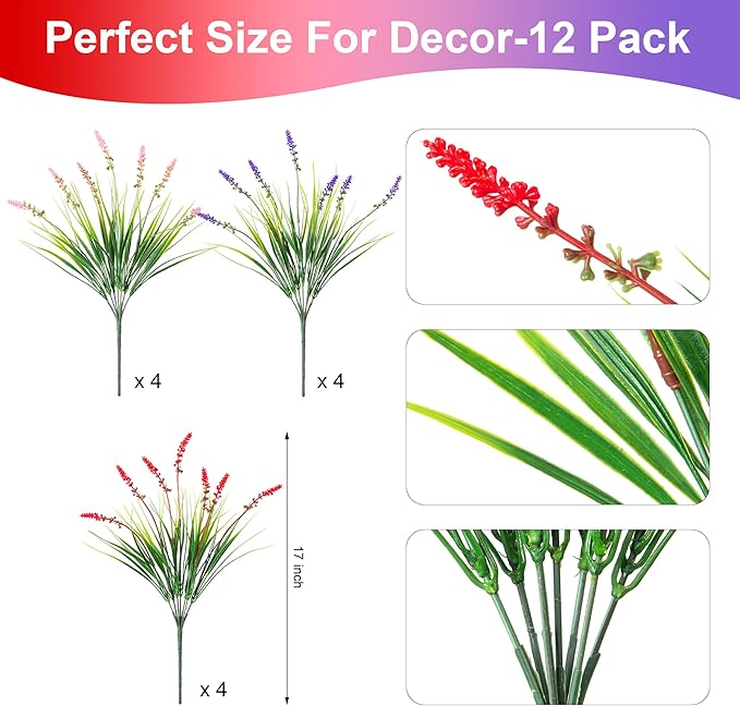 Artificial Faux Plants Flowers for Outdoor Decorations, Fake Monkey Grass for Outside Porch Patio, No Fade Realistic Greenery Plant, UV Resistant Artificial Bush Shrubs for Courtyard Window Garden