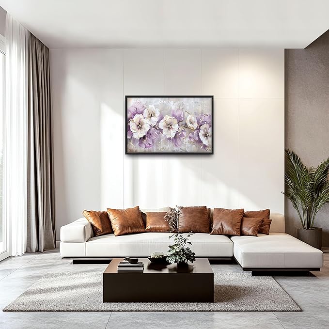 Large Wall Art for Living Room Framed, Purple Flower Wall Decor Pictures, Abstract Floral Canvas Print Painting, Aesthetic Artwork Bedroom Office Home Decor 36"x24"