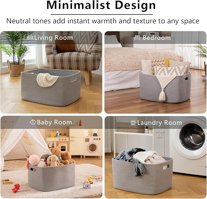 OIAHOMY XXLarge Rectangle Blanket Basket-96L, Cotton Woven Basket for Storage, Dirty Clothes Basket for Living Room, Nursery, Bedroom, Toy Organizing with Handle, 24" x 16" x 15", Grey