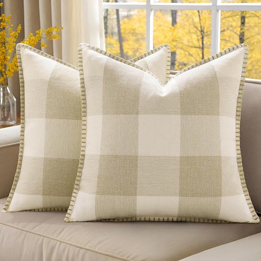 decorUhome Christmas Buffalo Plaid Check Throw Pillow Covers 18x18 Set of 2, Outdoor Linen Decorative Farmhouse Gingham Pillow Covers with Stitched Edge for Bed Couch Sofa, Cream White and Beige
