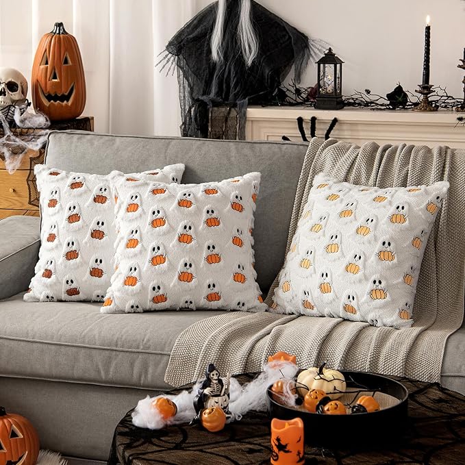 MIULEE Halloween Pillow Covers Decorative Fall Cute Ghost Plush Faux Fur Pillows 18x18 Inch Set of 2 Soft Pumpkin Accents for Sofa Couch Bed Living Room Festive Home Decor, White Bright Orange