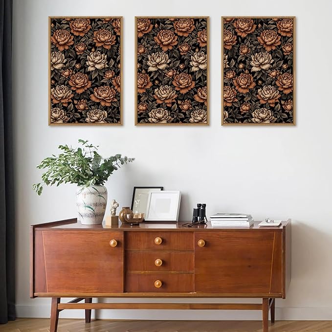 KAIRNE Vintage Floral Wall Art Set of 3, Mid Century Flower Framed Canvas Prints, Boho Peony Botanical Artwork, Modern brown Luxury Decor for Living Room Bedroom Office, 16×24inch