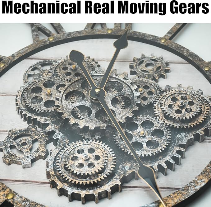 27" Large Real Moving Gears Wall Clock with Toughened Glass Cover Solid Wood Retro Metal Skeleton Oversized Vintage Steampunk Rustic Clock for Living Room Decor Home Farmhouse Kitchen(Desert Beige)