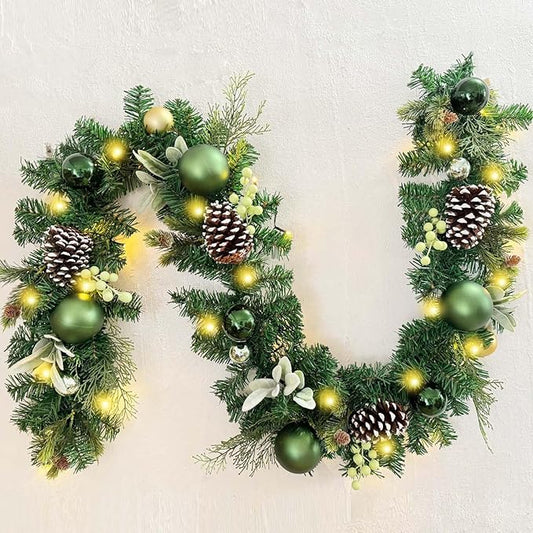 WANNA-CUL Pre-Lit 6 ft/ 72 Inch Christmas Garland with Lights Decoration for Mantle with Green Gold Christmas Ball Ornaments,Battery Operated 30 LED Lights