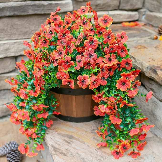 HyeFlora Artificial Fall Flowers for Outdoors Fake Hanging Decoration, 2Pcs Orange Daisy with Autumn Leaves, Realistic Plants Decor, UV & Fading Resistant Silk Flower for Porch Patio Balcony