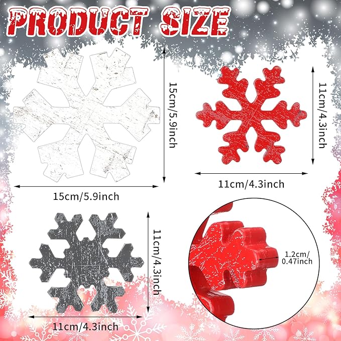 Bucherry 3 Pcs Winter Wooden Snowflake Decor Rustic Winter Snowflake Table Signs Wonderland Wood Blocks Farmhouse Christmas Tiered Tray Decorations for Xmas Table Shelf(Gray, Red, White)