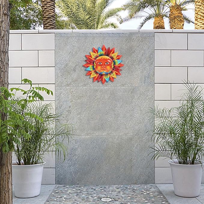 dreamskip Sun Flower Wall Decor, 12 inches Hanging Metal Wall Art, Sun Face Outdoor Wall Sculptures & Statues for Garden Fence Patio Yard Living Room Bedroom Decorations Yellow