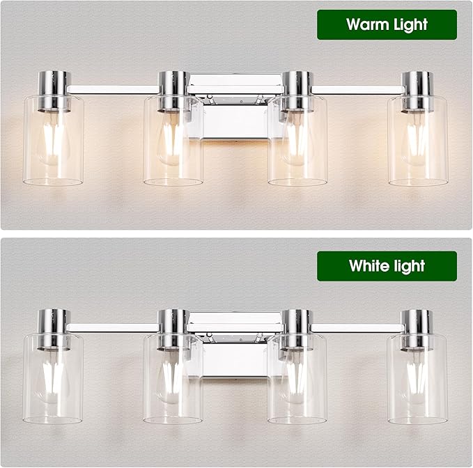 4-Light Modern Vanity Light Fixtures Over Mirror, Chrome Bathroom Light Fixtures, Vanity Lights, Wall Sconce with Clear Glass Shade for Bathroom, E26 Base