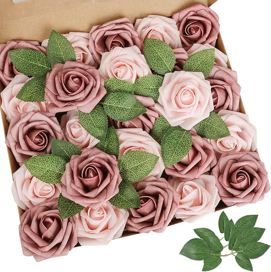 AmyHomie Artificial Flower Warm Taupe & Nude Rose 25pcs Real Looking Fake Roses w/Stem for DIY Wedding Bouquets Centerpieces Arrangements Party Baby Shower Home Decorations