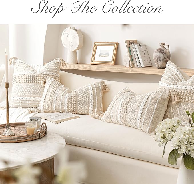 Boho Throw Pillow Cover 22X22, Large Decorative Accent Pillow for Couch, Square Woven Textured Pillowcase, Modern Boho Pillow for Bed, Bohemian Pillow Cover, Cream White (Pack of 1)