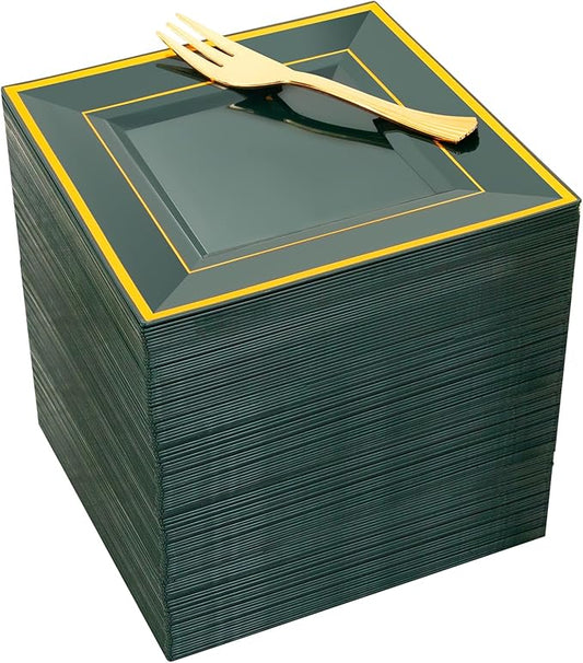 WDF 200PCS Green and Gold Plastic Dessert Plates with Plastic Forks -6’’ 100 Square Disposable Appetizer Plates Small Plates Cake Plates with Gold&100 Green Small Appetizer Forks for St. Patrick’s Day