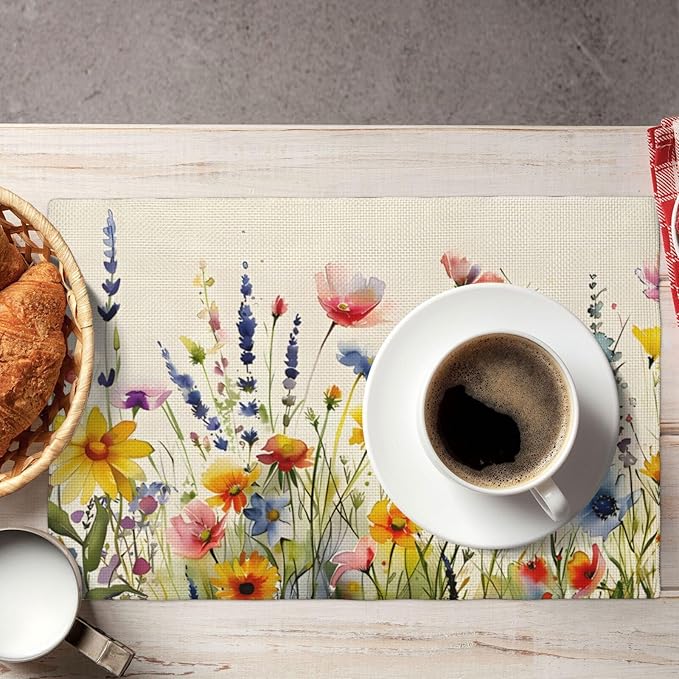 Daisy Lavender Floral Spring Garden Placemat Set of 4,12x18 Inch Garden Plants Linen Washable Fabric Table Mats for Holiday Decoration Kitchen Dining Table Place Mats