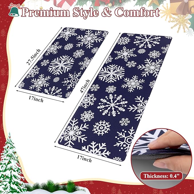 SHACOS Christmas Kitchen Rugs Set of 2 Anti-Fatigue Kitchen Mats Cushioned Blue Christmas Kitchen Rugs White Snow Farmhouse Kitchen Mats and Rugs for Xmas 17x27.5+17x47, Blue Snowflakes