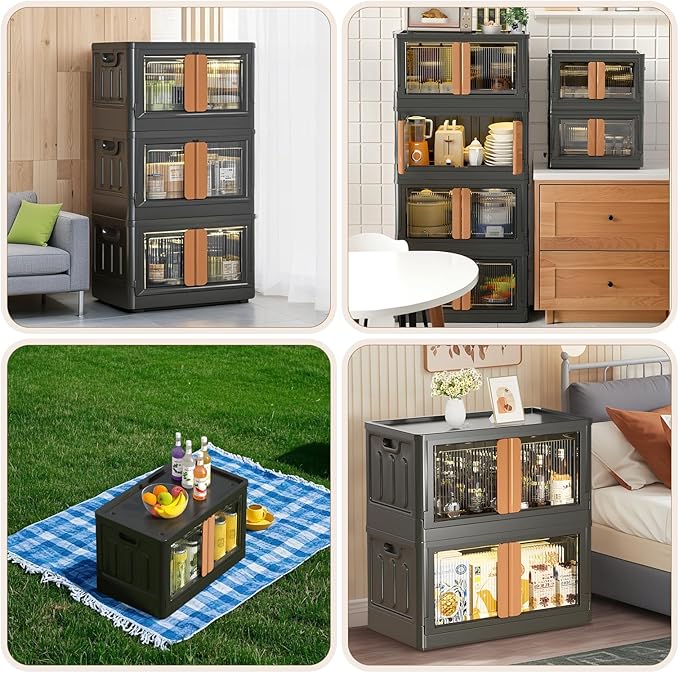 GCCSJ 76Qt Stackable Plastic Storage Boxes with Lids, Foldable Closet Organizers and Storage Containers with Wheels, Collapsible Storage Bins for Home Organization, 3 Pack Black