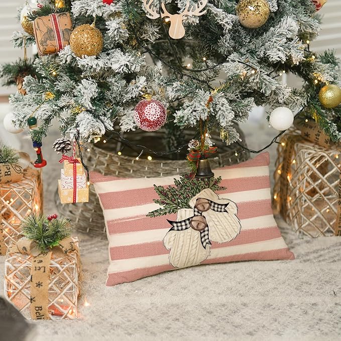 AVOIN colorlife Pink Christmas Snowman Reindeer Gloves Eucalyptus Throw Pillow Covers, 12 x 20 Inch Winter Holiday Stripes Cushion Case Decoration for Sofa Couch Set of 4