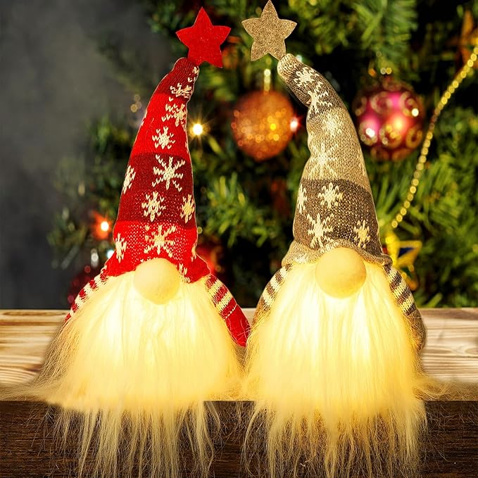 Juegoal 15" Lighted Christmas Gnome, Handmade Plush Scandinavian Swedish Tomte, Light Up Elf Toy Holiday Present, Battery Operated Winter Tabletop Christmas Decorations, 2 Set