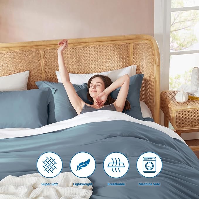 Nestl Full Duvet Cover Set with Comforter Insert - Stone Blue 4 Piece 80x90 Duvet Cover & 2 Pillow Shams with White Quilted Down Alternative Comforter, Ultra Soft, All Season