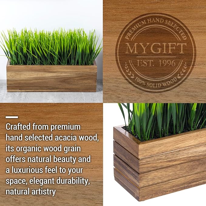 MyGift 14 Inch Artificial Green Grass Plant in Solid Acacia Wood Planter Window Box, Faux Greenery in Decorative Rectangular Crate Style Wooden Container