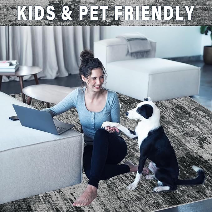 Area Rugs 9x12 Living Room: Large Machine Washable Area Rug with Non Slip Backing Non Shedding Abstract Stain Resistant Carpet for Bedroom Dining Room Nursery Home Office - Black