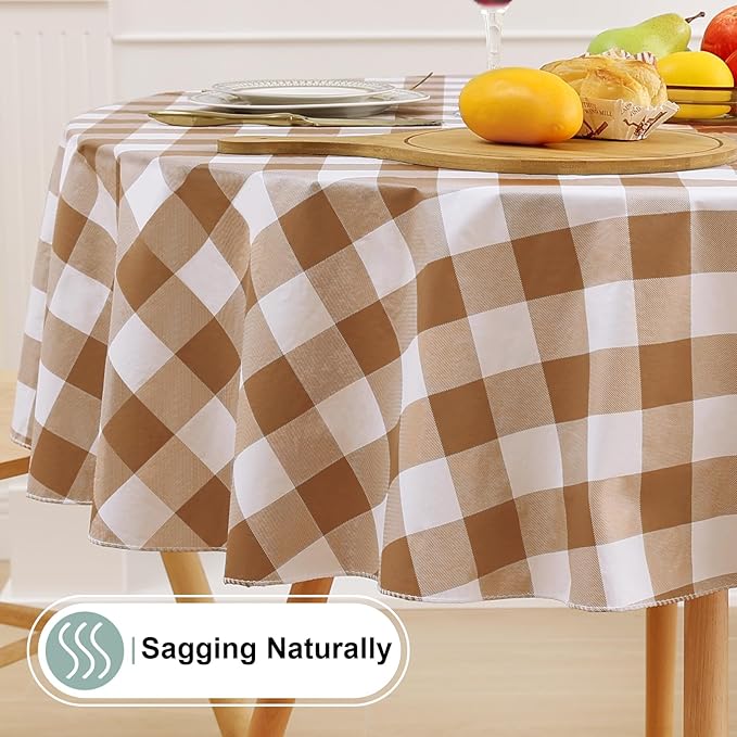 misaya Round Waterproof Vinyl Table Cloth, Buffalo Flannel Backed Tablecloth, Wipeable Plastic Table Cover for Fall, Thanksgiving (60", Brown and White)