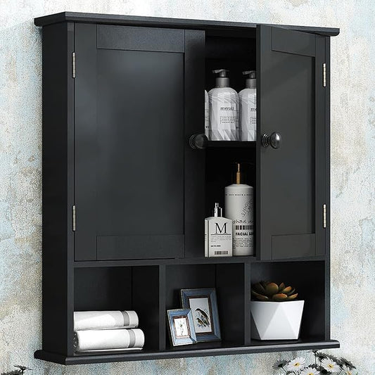 TaoHFE Black Bathroom Cabinet, Wall Mounted 2 Door Storage With Adjustable Shelves, Over The Toilet Medicine Cabinet for Laundry Room Kitchen