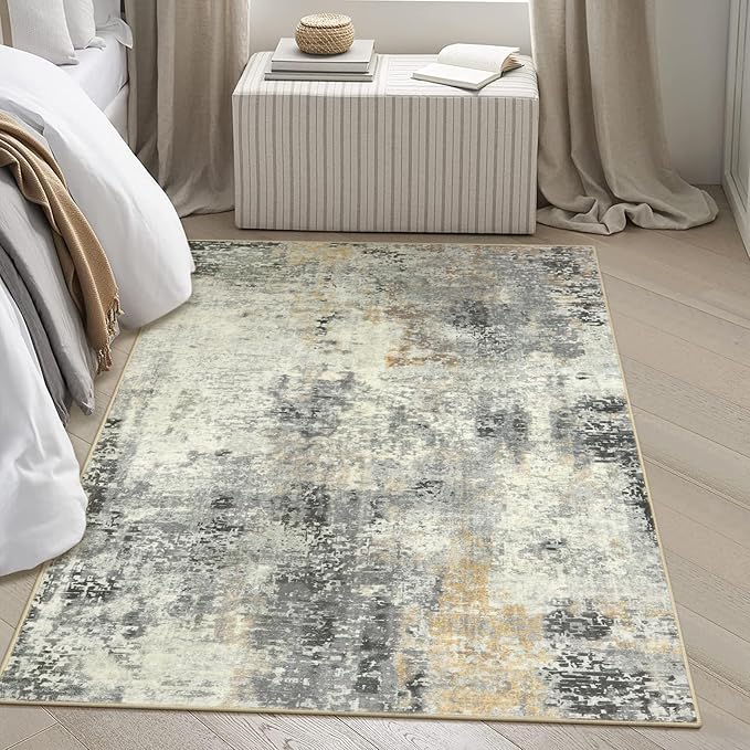 Lahome Modern Abstract Area Rug - 4x6 Grey Rugs for Bedroom Washable Dining Room Rug Living Room Mat, Non Slip Contemporary Indoor Floor Nursery Carpet for Kitchen Laundry Room Entryway