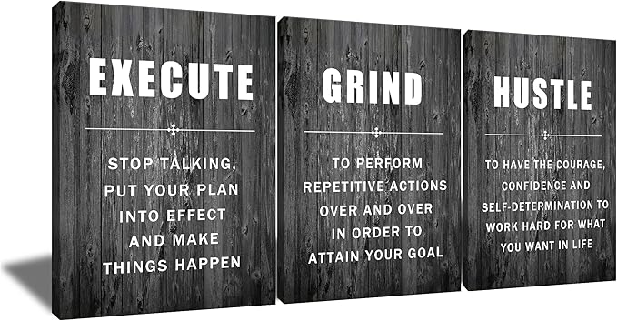 Inspirational Poster Execute Grind Hustle Motivational Wall Art 3 Pieces Canvas Prints Artwork for Living Room Modern Home Decor Painting Pictures Stretched and Framed Ready to Hang [36''Wx 16''H]