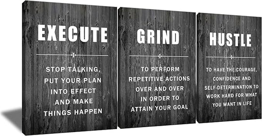 Inspirational Poster Execute Grind Hustle Motivational Wall Art 3 Pieces Canvas Prints Artwork for Living Room Modern Home Decor Painting Pictures Stretched and Framed Ready to Hang [36''Wx 16''H]