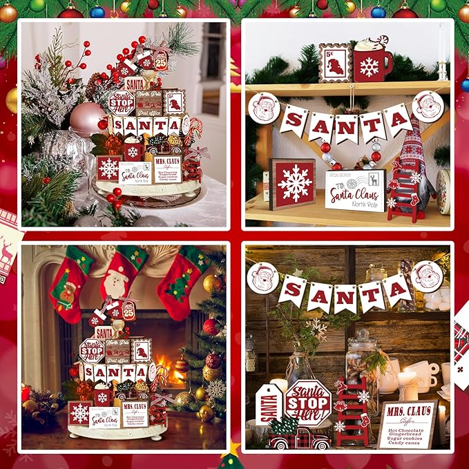 17 Pcs Christmas Tiered Tray Decor Set Winter Tiered Tray Decorations Farmhouse Tabletop Centerpiece Christmas Wooden 3D Sign for Xmas Home Buffalo Plaid Rustic Table Decoration(Classic)