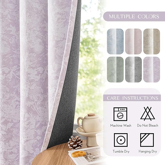 Beauoop Purple Floral Jacquard Blackout Curtains 63 Inches Long 2 Panels for Bedroom Living Room Chenille Flower Room Darkening Thermal Insulated Soundproof Grommet Window Treatments Drapes, 52x63