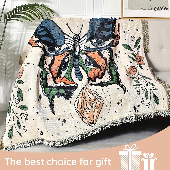 Boho Throw Blanket Reversible Cotton Bohemian Tapestry Hippie Room Decor Outdoor Blanket Double Sided (Month Moth White, 50"x60")