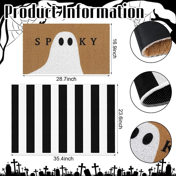 2 Pcs Halloween Doormat Spooky Ghost Outdoor Welcome Mats for Front Door Non Slip Ghost Coir Floor Mat Black White Stripe Halloween Rug for Outside Front Porch Entryway Decor