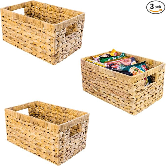 Set of 3 Water Hyacinth Storage Baskets – Wicker Baskets for Shelves, Decorative Woven Organizer Bin for Bathroom, Closet, or Pantry (3-Pack Medium)