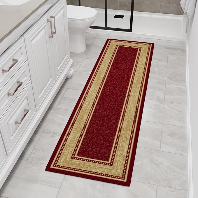 Ottomanson Hallway Runner Rug 1'10" x 7' Non Slip Border Area Rugs Easy to Clean Laundry Rug Runner Durable & Pet Friendly Floor Carpet Runners for Hallways Entryway Living Room Kitchen Bathroom, Red