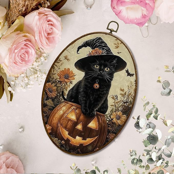 JQF Vintage Halloween Witchy Black Cat Oval Wall Art, Dark Academia Gothic Witch Pumpkin Oval Canvas Wall Art, Halloween Fall Framed Prints Hanging Decor for Home Bedroom Living Room, 8.5x11.5 Inch