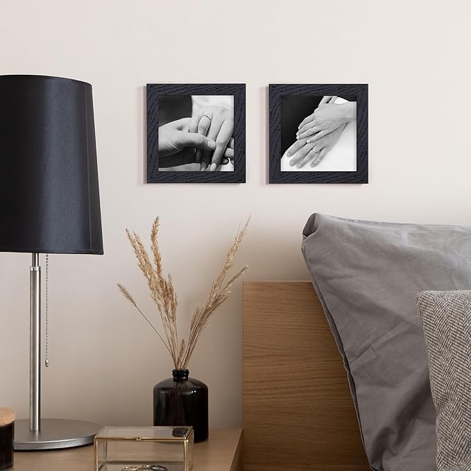 4x4 Picture Frame, Solid White Oak Wood Frame 4 by 4, 4 x 4 Square Photo Frame with Tempered Real Glass, Rustic Wooden Frame 4"x4" for Wall & Tabletop Display, Black Color, Set of 2