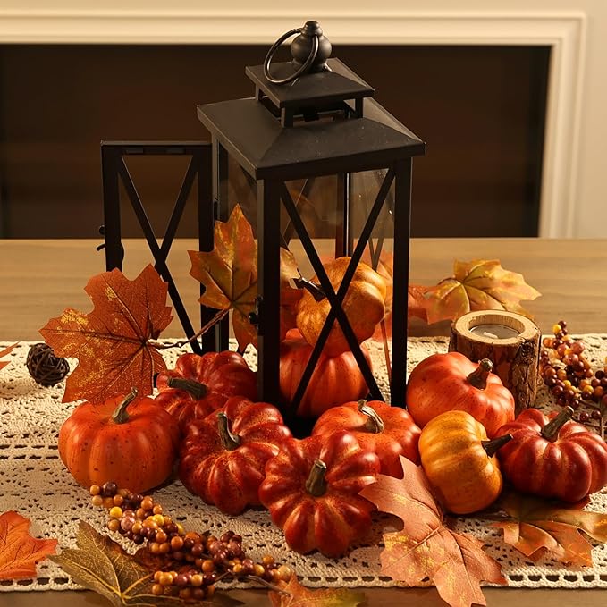 Realistic Mini Pumpkin Decor Indoor 16PCS Artificial Pumpkins for Fall Decorations for Home Fall Centerpieces for Tables Outdoor Thanksgiving Halloween Party/Berries Maple Leaf Autumn Fillers decor