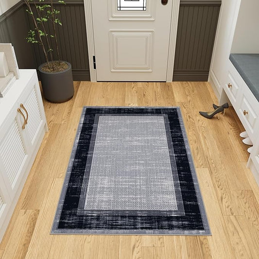 Ottomanson 3'3" x 5' Rugs for Living Room Border Area Rug for Bedroom - Non Slip Durable Large Floor Carpet for High Traffic Areas - Indoor Rug for Dining Room Kitchen Kids Playroom, Gray/Navy