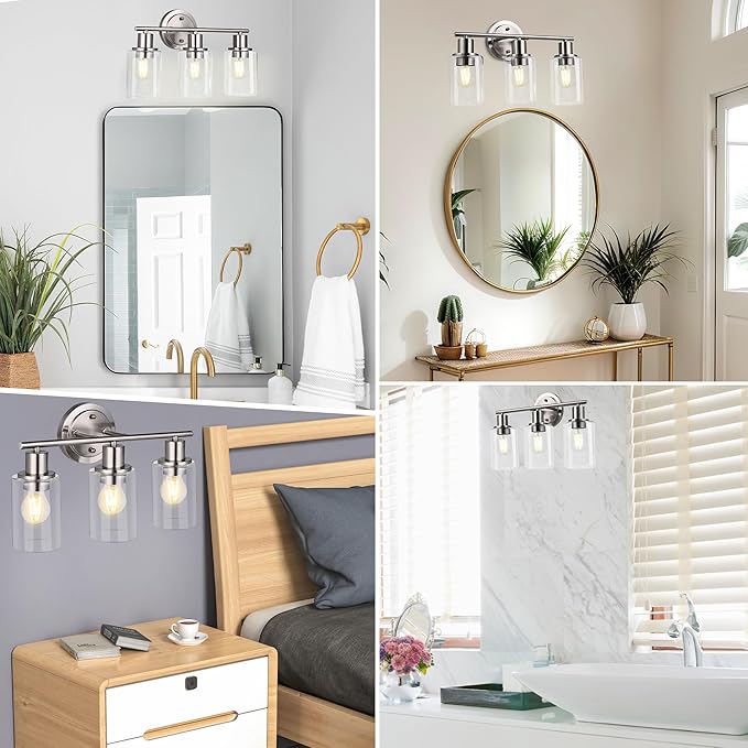 Brushed Nickel 3-Light Vanity Lights for Bathroom, 3-Light Brushed Nickel Bathroom Vanity Light Fixture Over Mirror, Silver Three Bulb Wall Sconce Over Sink