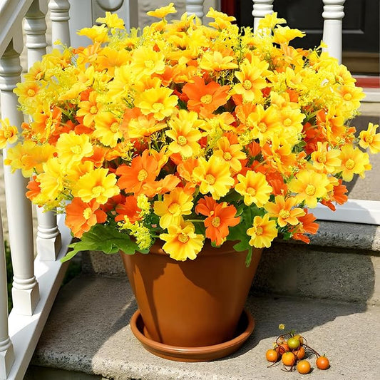 Uieke Artificial Fake Flowers, 6 Bundles Daisy Mums Flowers Outdoor UV Resistant No Fade Greenery Shrubs Plants Indoor Outside Hanging Planter Home Wedding DIY Garden Porch Décor (Orange Yellow)