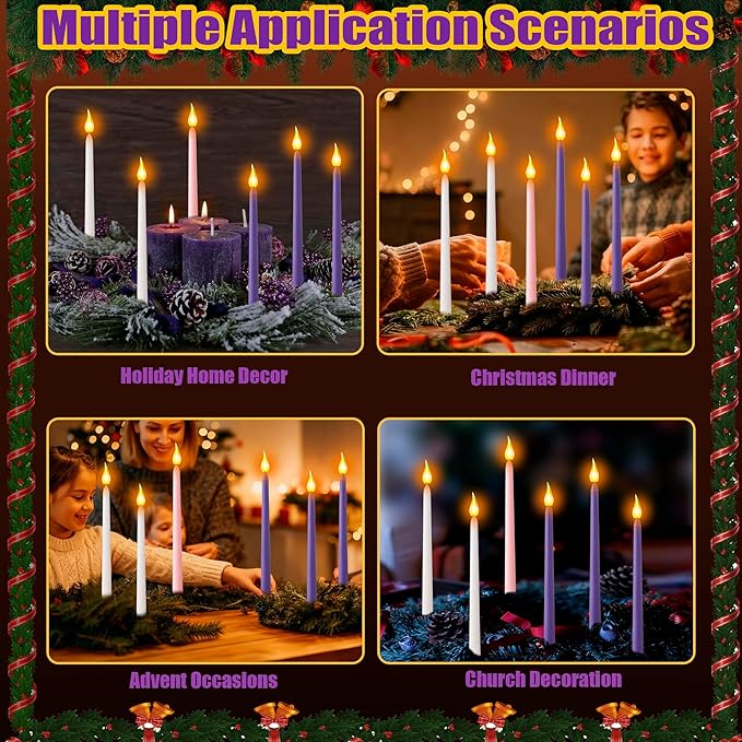 Advent Candles Set of 6, Dripless Advent Taper Candles with 3-Purple 1-Pink 2-White, Christmas Advent Taper Candle 10 Inch Long for Holidays, Celebrations, Devotional, Church, Wreath