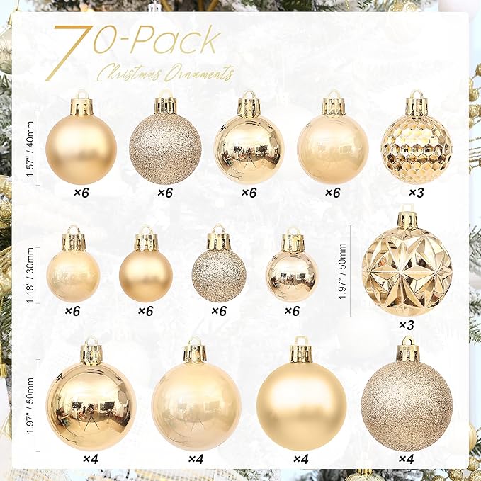 Sea Team 70-Pack Shatterproof Plastic Christmas Ball Ornaments Set, Multi-Size Christmas Baubles, Hanging Decorations for Xmas Tree, Wreath, Garland, (1.18-1.97 Inches, Gold)