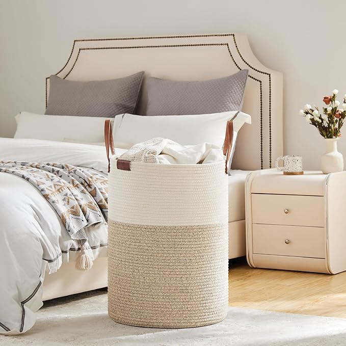 VIPOSCO Tall Laundry Basket, Large Dirty Clothes Hamper with Leather Handle, Woven Rope Storage Basket for Blanket, Toy In Living Room, Bathroom, Bedroom - 100L White & Brown