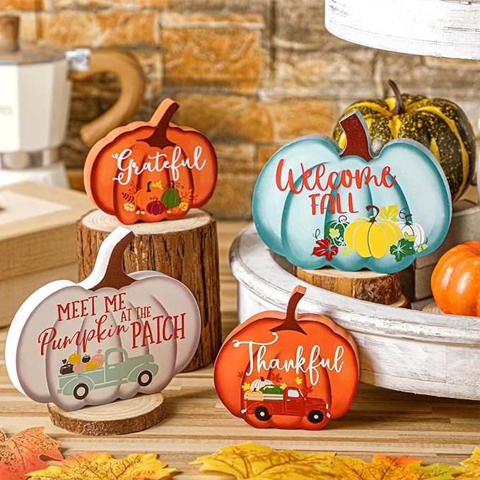 Jetec 4 Pcs Fall Decor for Home Thanksgiving Tiered Tray Decoration Fall Desk Decor Pumpkin Table Centerpiece Welcome Rustic Wood Block Sign for Office Autumn Table Mantel Decoration(Multicolor)