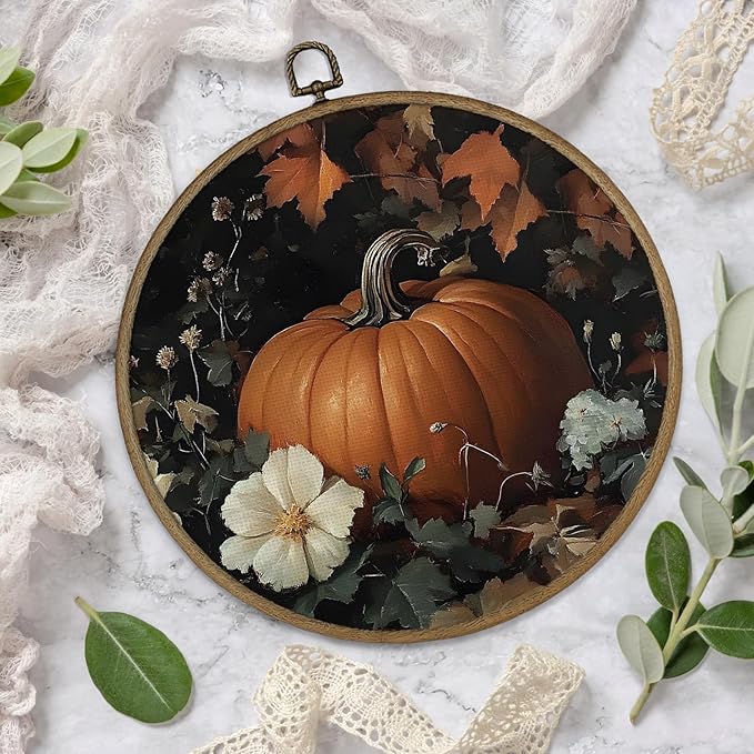 Gnmduw Fall Pumpkin Wall Art Framed, Pumpkin Wall Decor, Rustic Fall Thanksgiving Pumpkins Round Hanging Wall Decor, Halloween Pumpkin Canvas Prints Art for Cottage Core Living Room Bathroom,10x10 In